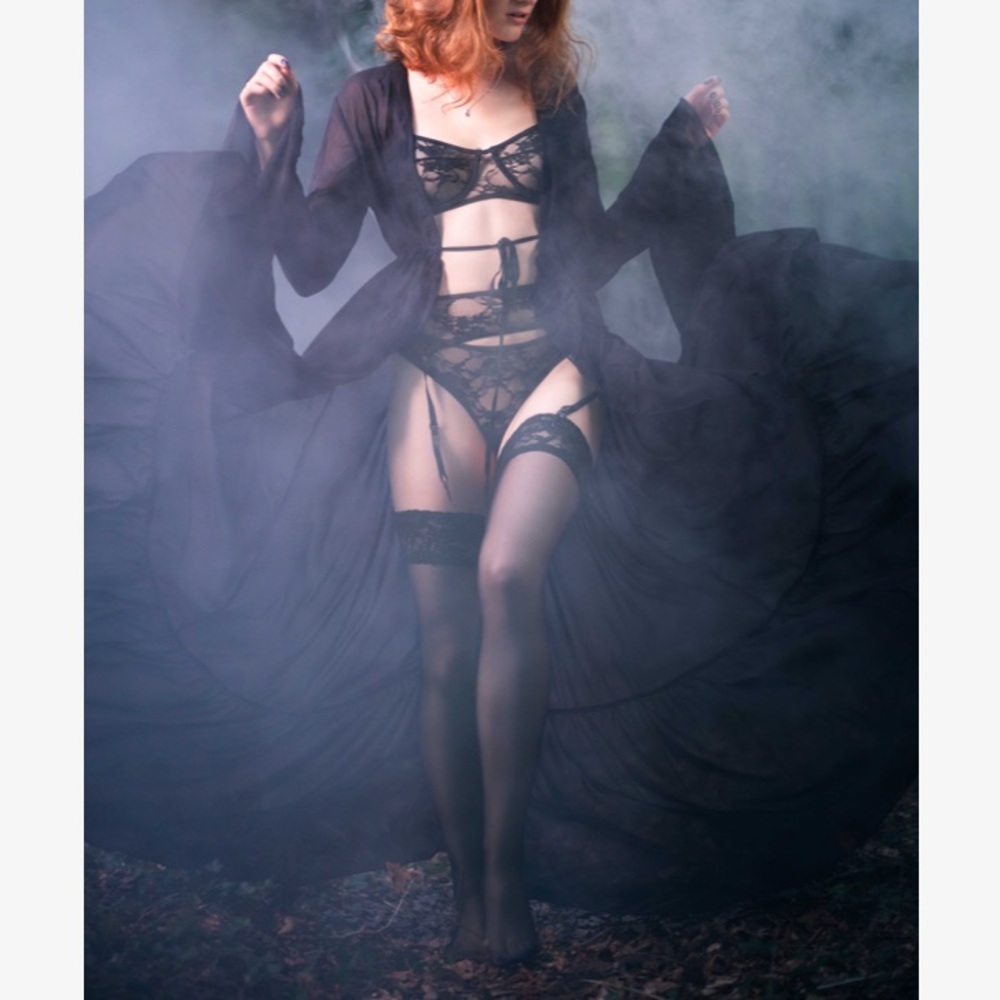 Black Ethereal Ruffle Kimono Long Robe Very Sexy